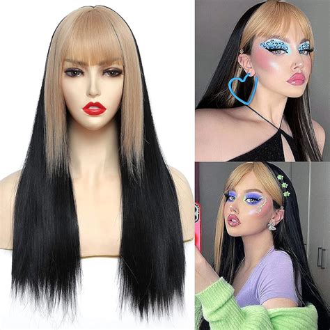 Buy OneBluenis Black Blonde Wig Long Straight Natural Silky 2 Tone Synthetic Cosplay Costume Wig