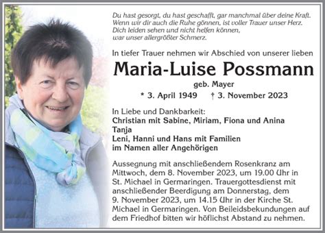 Traueranzeigen von Maria Luise Possmann Allgäuer Zeitung