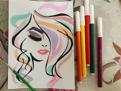 Girl with water colours | Pen art drawings, Sketch pen drawing, Marker art