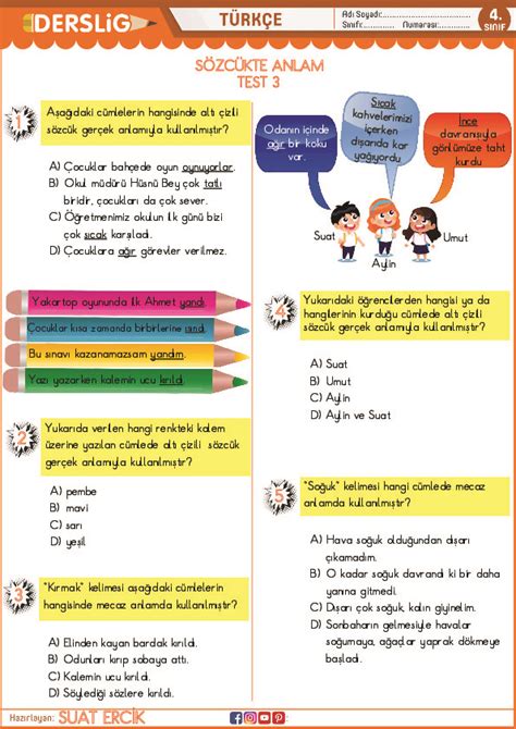 4 Sınıf Türkçe Sözcükte Anlam Test 3 Yaprak Test Derslig