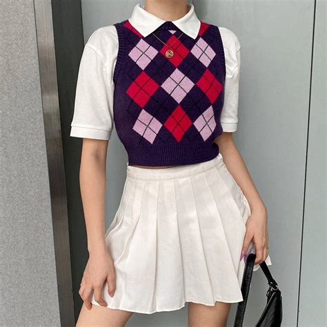 Purple Color Y2k Vintage Argyle Plaid Crew Neck Knitted Cropped