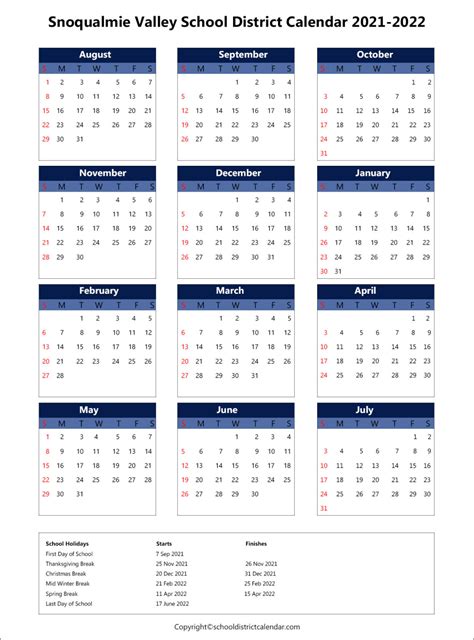 Snoqualmie Valley School District Calendar Holidays 2021-2022