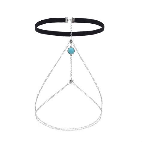 N-8038 Drop Turquoise Gem Thigh Chain Leg Chain Silver Metal Chain Plus