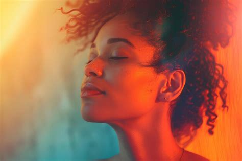 Premium Photo A Woman With Curly Hair And A Red Dress Is Looking Up At The Sky With Her Eyes