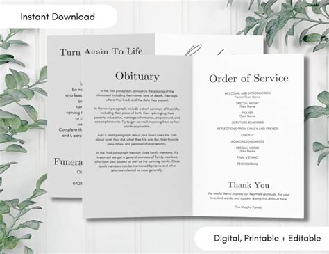 Editable Funeral Program Template Instant Printable Download Memorial