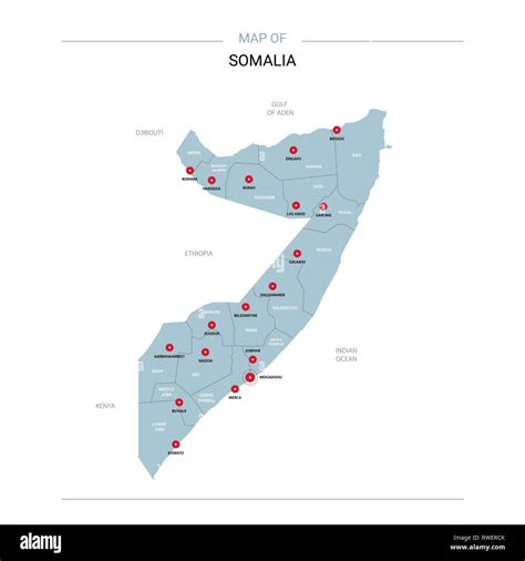 Somalia vector map. Editable template with regions, cities, red pins ...