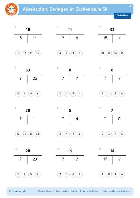 Arbeitsblatt Zerlegen Im Zahlenraum