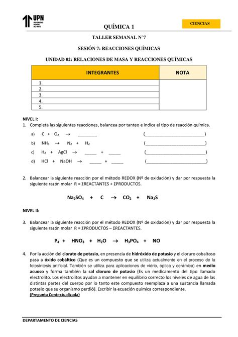 Hoja Taller Grupal N°7 Reacciones Químicas 1 QuÍmica 1 Departamento