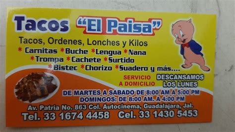 Carta Del Restaurante Tacos El Paisa Guadalajara Av Patria 863