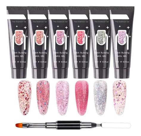 Set Polygel Manicura Decoración Uñas Glitter Nude Pincel F Color