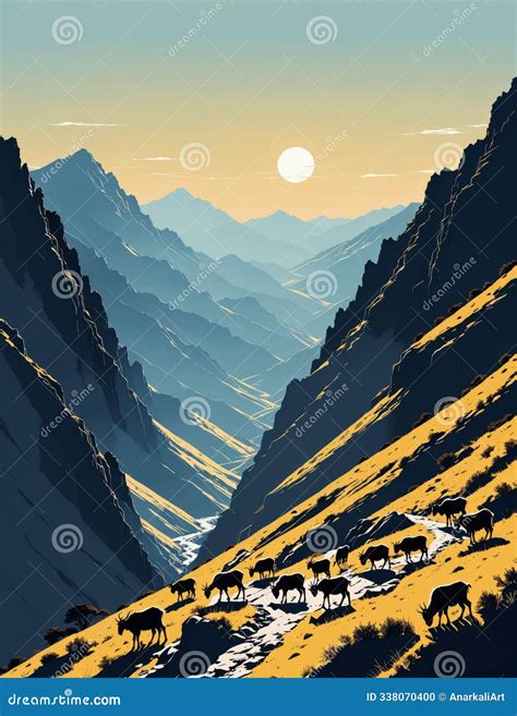 Mountain Pass with Wild Goats and Wildlife in Habitat on a Clear Day in