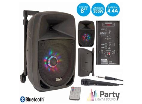 Party Light Sound COLUNA AMPLIFICADA 8 300W USB FM BT SD BAT PRETA