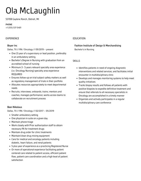 Rn Oncology Resume Samples Velvet Jobs