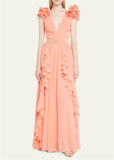 PatBO Chiffon Ruffled Cut Out Maxi Dress Bergdorf Goodman