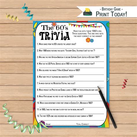 1960s trivia questions game birthday activity 60s trivia quiz printable