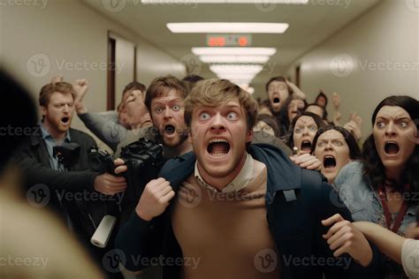 Crowd of panicking people. People scream in fear. Neural network AI