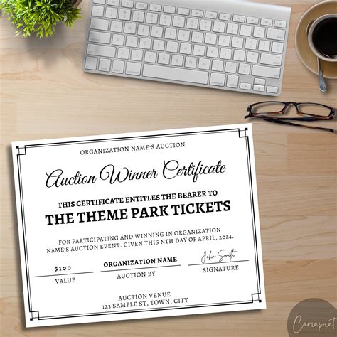 Editable Silent Auction Winner Certificate Template, Auction Item