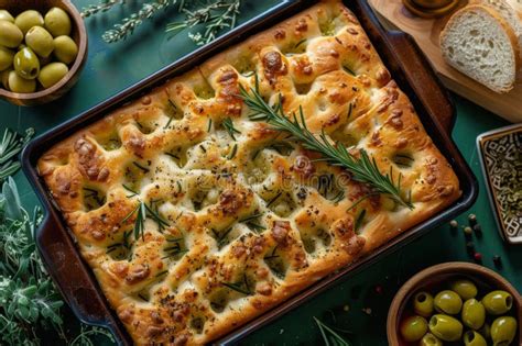 Freshly Baked Focaccia Bread With Rosemary In A Baking Dish Stock Image