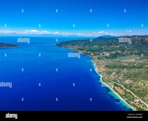 Aerial panoramic view of Alonissos island located close to Agios