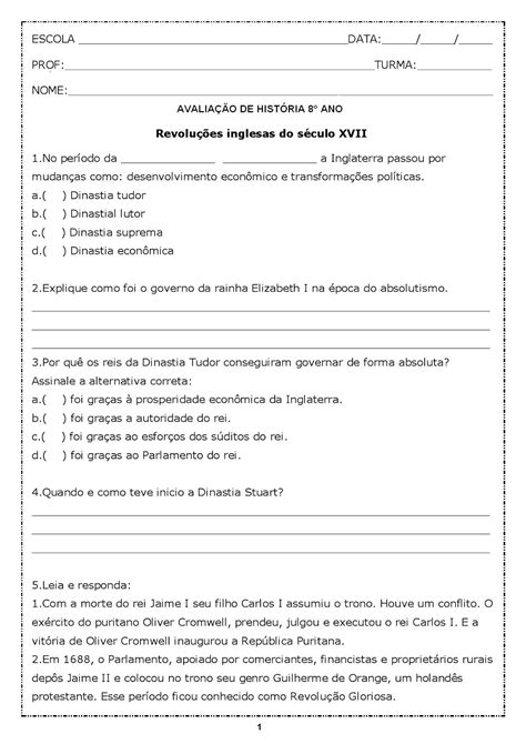 HistÓria 8° Ano Provas Com Gabarito AvaliaÇÕes Simulados Atividades