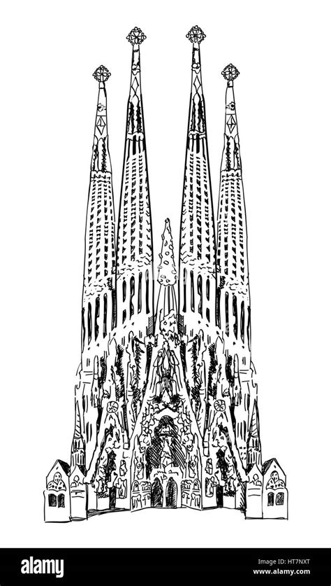 Barcelona Famous Cathedral Landmark Facade Sketch Travel Spain Label