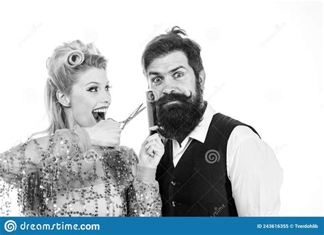 Crazy Hairdresser Blonde Girl Grooming Handsome Bearded Man Hipster