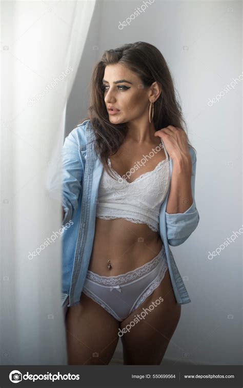 Attractive Sexy Brunette White Lingerie Denim Shirt Posing Provocatively Grey Stock Photo