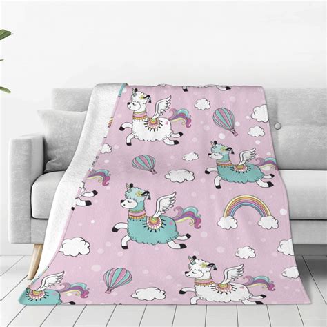 Bingfone Llama Unicorn And Rainbow Print Flannel Fleece Blanket Throw