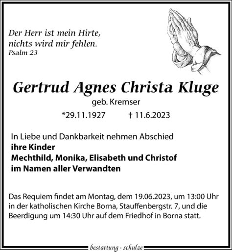 Traueranzeigen Von Gertrud Agnes Christa Kluge Trauer Anzeigen De