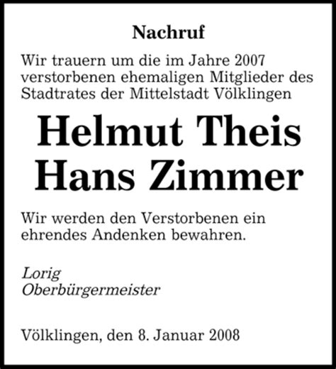 Traueranzeigen Von Helmut Theis Saarbruecker Zeitung Trauer De