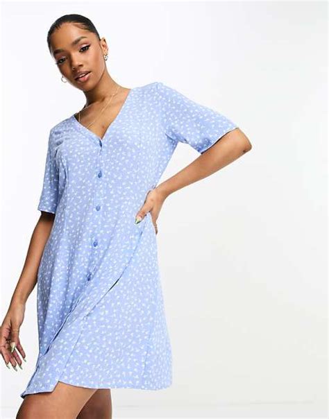 Monki Button Through Mini Dress In Blue Ditsy Print Asos