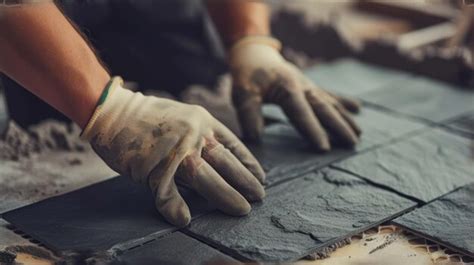 Trabajador de la construcción que instala azulejos de pizarra en el