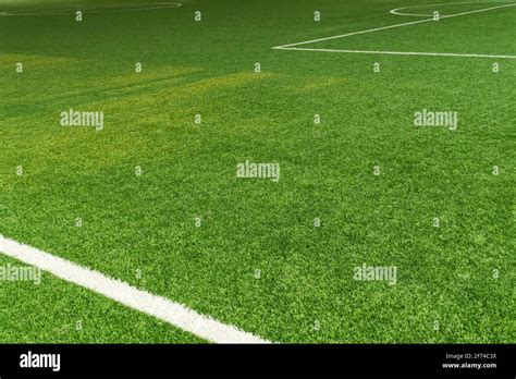 Green Artificial Grass Footballor Soccer Field With White Line Stock