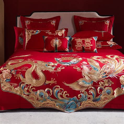 Luxury Red Gold Couple Wedding Dragon Phoenix Embroidered Duvet Cover