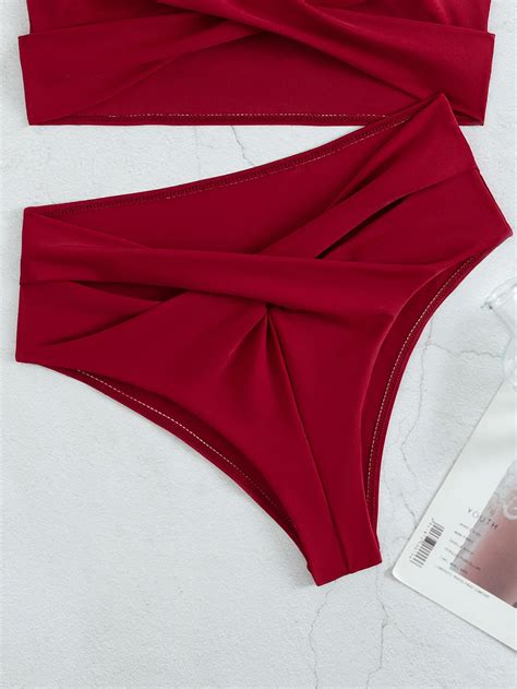 Solid Color Swimsuit High Waist Sexy Bikini Cross Split Two Piece Swimsuit Woman Beach Bikini
