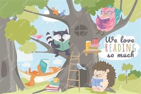 Premium Vector | Cute animals reading books concept background