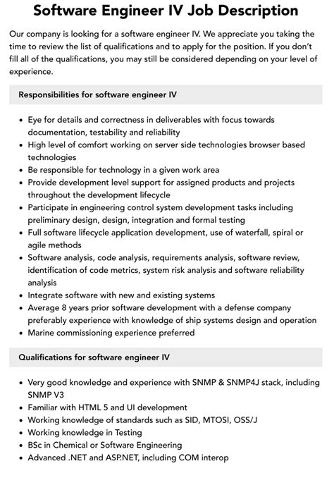 Software Engineer Iv Job Description Velvet Jobs