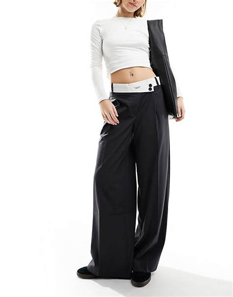 Bershka Contrast Waistband Tailored Pants In Blue Gray Asos