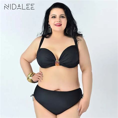 NIDALEE Plus Size Solid Bikini Hot Push Up Large Size Bikinis Set Fat