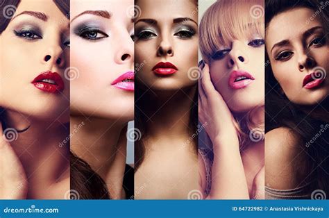 Beautiful Collage Of Bright Makeup Emotional Women With Hot Stock Photo