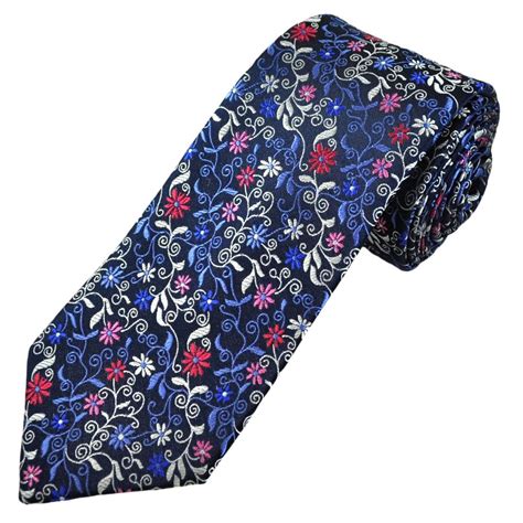 Tresanti Reale Navy Blue Silver Red And Pink Floral Pattern Mens Silk