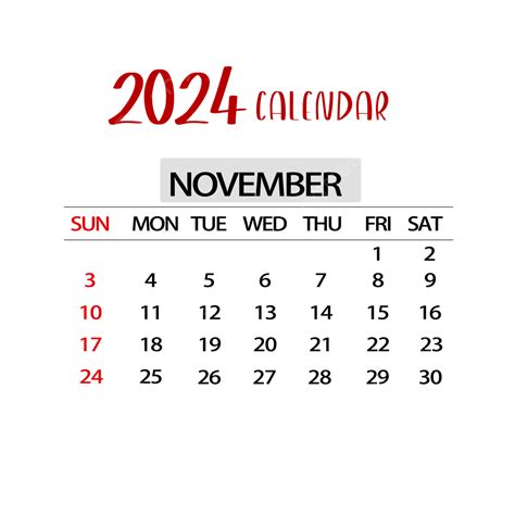 November 2024 Calendar Simple Red November Calendar Two Thousand And