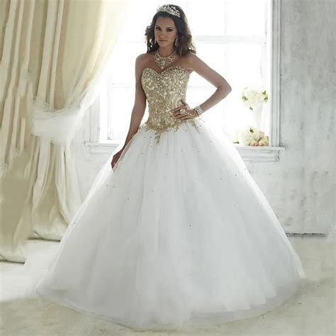 Beautiful Vestidos De 15 Anos White Debutante Ball Gown Lace Dress for 15 Years Cheap Gold ...