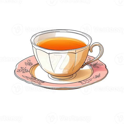 A decorative tea cup filled with tea on a matching saucer, showcasing