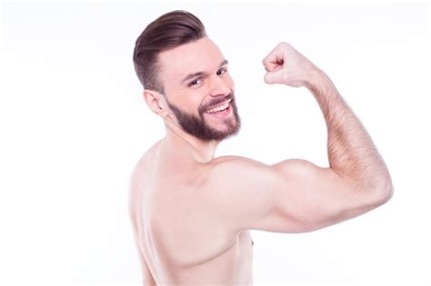 Premium Photo Close Up Photo Of Sporty Attractive Powerful Naked Bearded Guy With Raised Arms