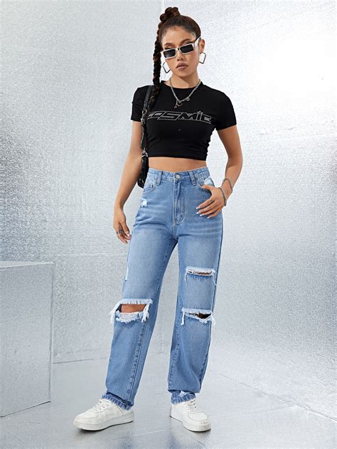 High Waist Ripped Straight Leg Jeans Shein Uk