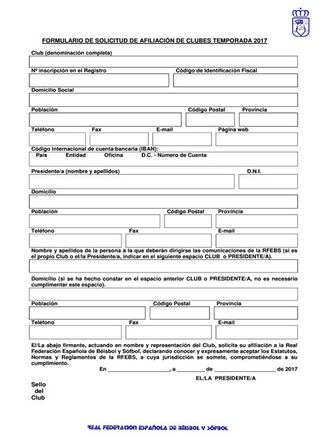 Fillable Online FORMULARIO DE SOLICITUD DE AFILIACIN DE CLUBES Fax