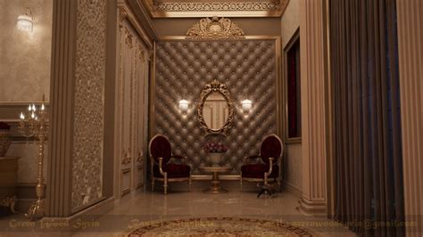 An Ornately Decorated Hallway With Two Chairs And A Mirror