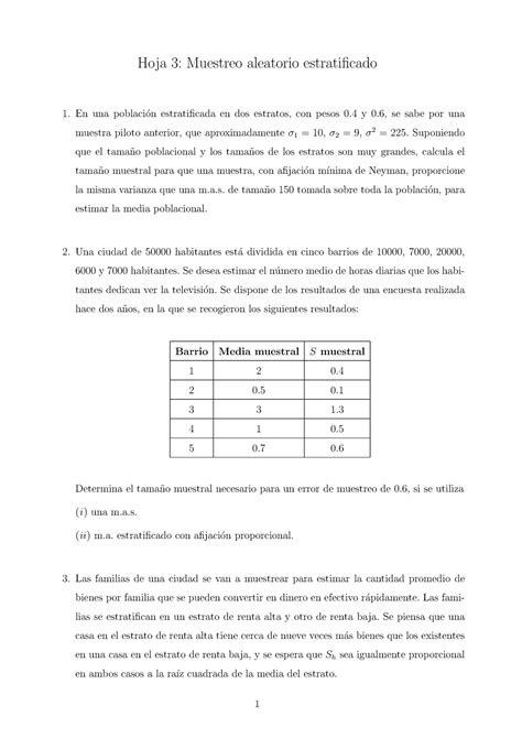 Hoja Ejercicios Tema 4 Hoja 3 Muestreo Aleatorio Estratificado En Una Poblaci ́on