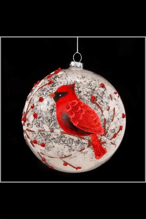 Snowy Red Cardinal And Branches Glass Ball Christmas Tree Ornament 5